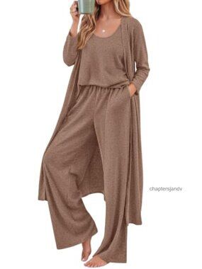 3 Piece Lounge Set Long Cardigan Tank Wide Leg Pants Travel Outfit